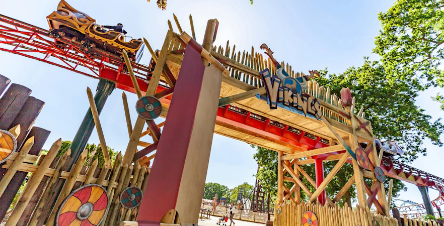 Viking-themed roller coaster entrance at Drayton Manor.