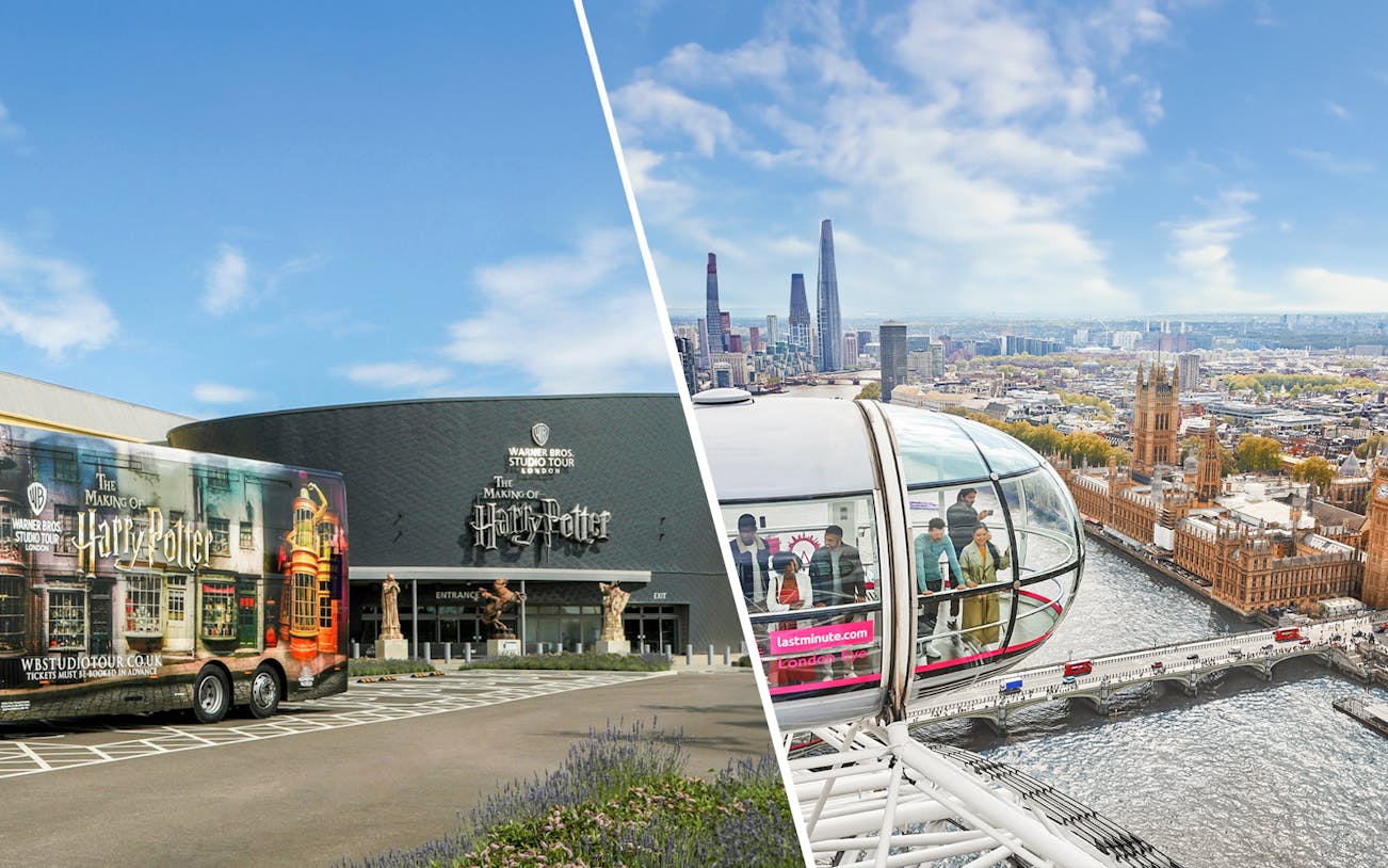 Harry Potter Studio entrance and London Eye capsule overlooking Thames and cityscape.