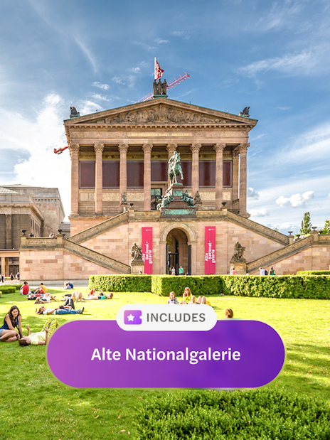 Alte Nationalgalerie in Berlin with visitors relaxing on the lawn.