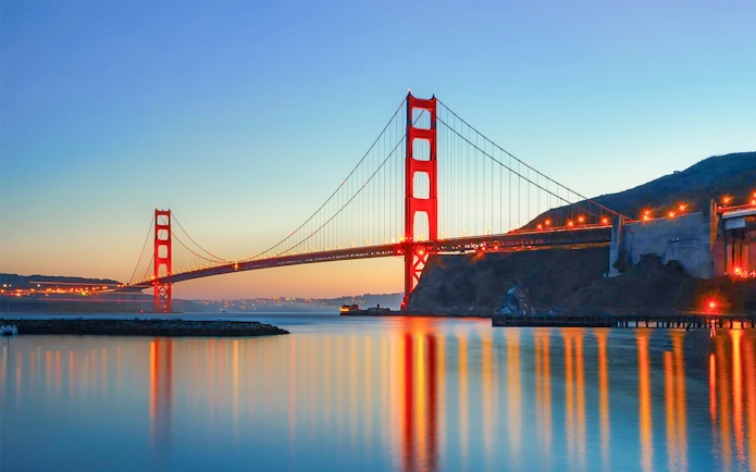 Golden Gate Bridge at sunset from California cruise.