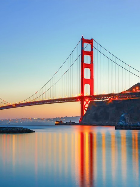 Golden Gate Bridge at sunset from California cruise.