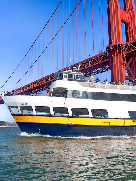 Ferry passing under the Golden Gate Bridge in San Francisco.