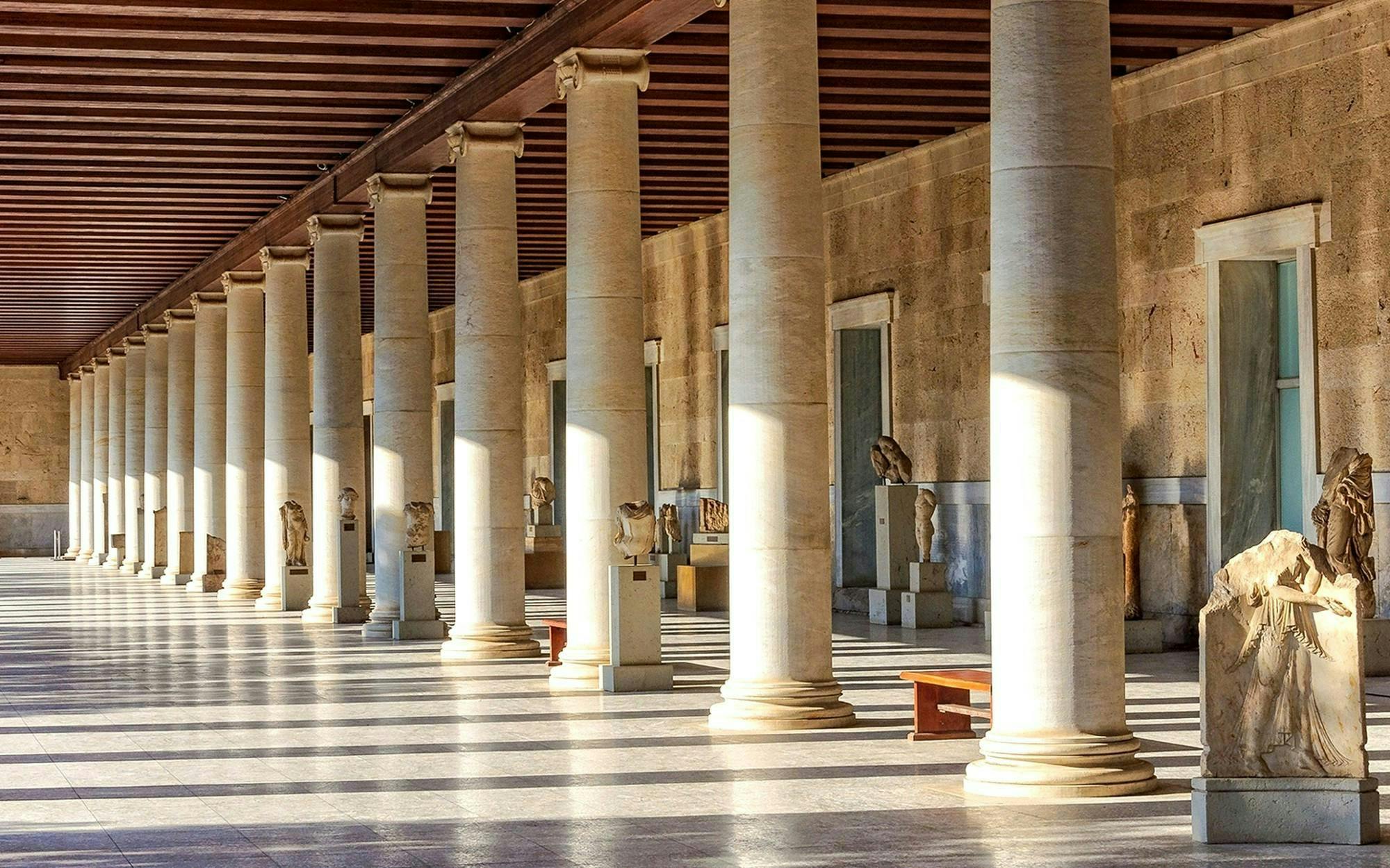 Stoa of Attalos columns and statues in Athens' Ancient Agora.