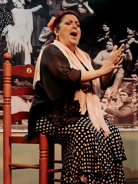 Flamenco singer and guitarist performing at Tablao La Cantaora show.