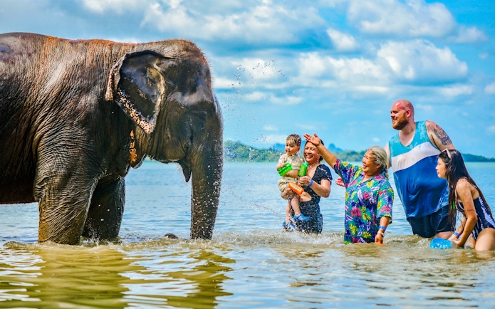 People interacting with an elephant at Lily Elephant Camp, Phuket beach.