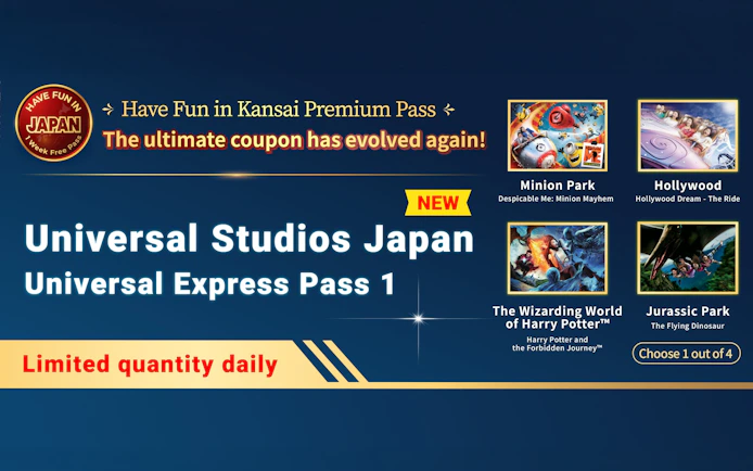 Universal Studios Japan Express Pass 1 with access to Minion Park, Hollywood, Harry Potter, and Jurassic Park.