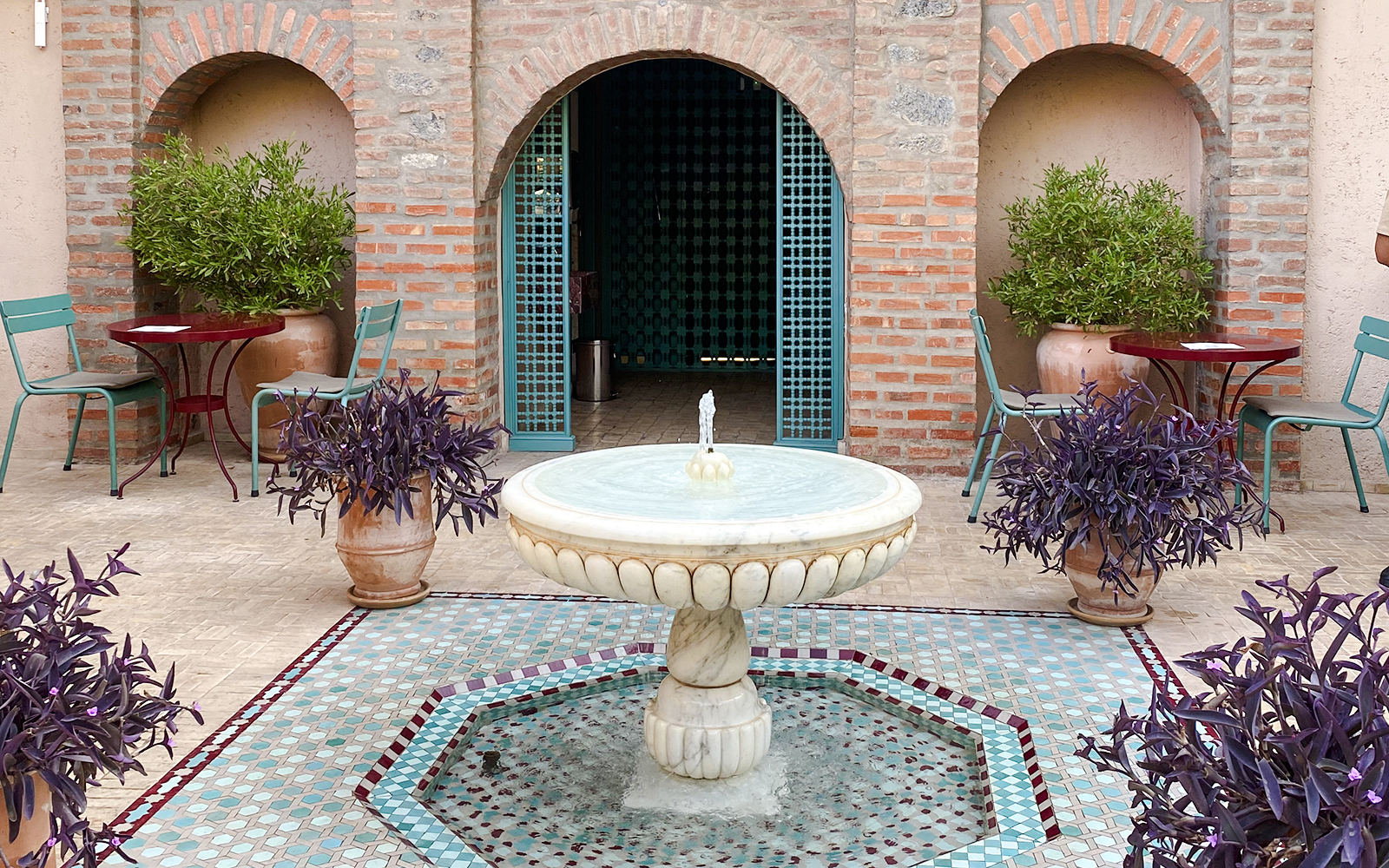 Fountain and seating area at Jardin Majorelle, Marrakech.