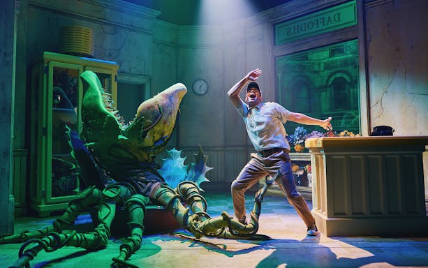 Man interacting with large plant puppet on stage during Little Shop of Horrors performance.