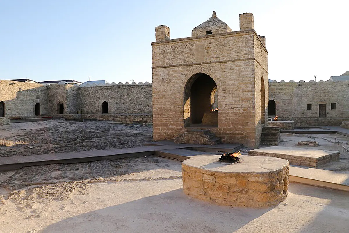 Ancient stone structure with fire altar at Ateshgah Fire Temple, Baku.