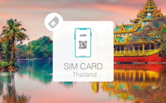 eSIM card for Thailand with temple and palm trees in the background.