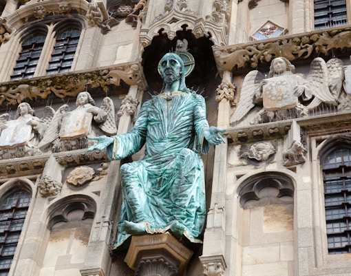 Canterbury Cathedral entrance facade with detailed sculptures, Kent, Southern England.
