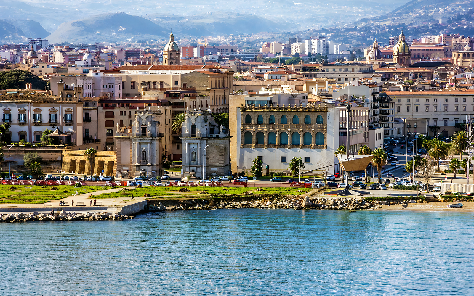 Palermo cityscape with historic buildings near the waterfront, Sicily.