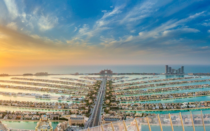 Aerial view of The Palm Jumeirah in Dubai from The View At The Palm observation deck.
