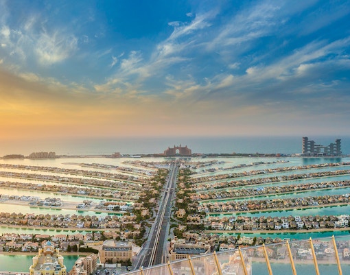 Aerial view of The Palm Jumeirah in Dubai from The View At The Palm observation deck.