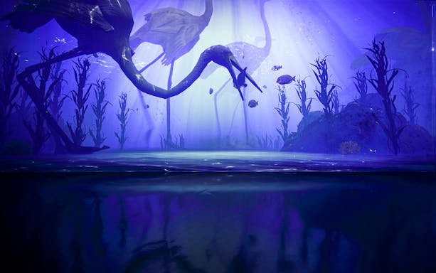 Underwater scene with large bird sculptures and fish at ARTE M Hong Kong.