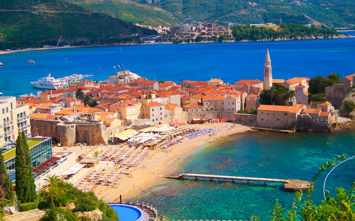 Budva's old town and beach with Adriatic Sea view during small group tour.