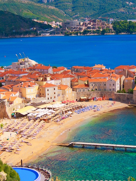 Budva's old town and beach with Adriatic Sea view during small group tour.