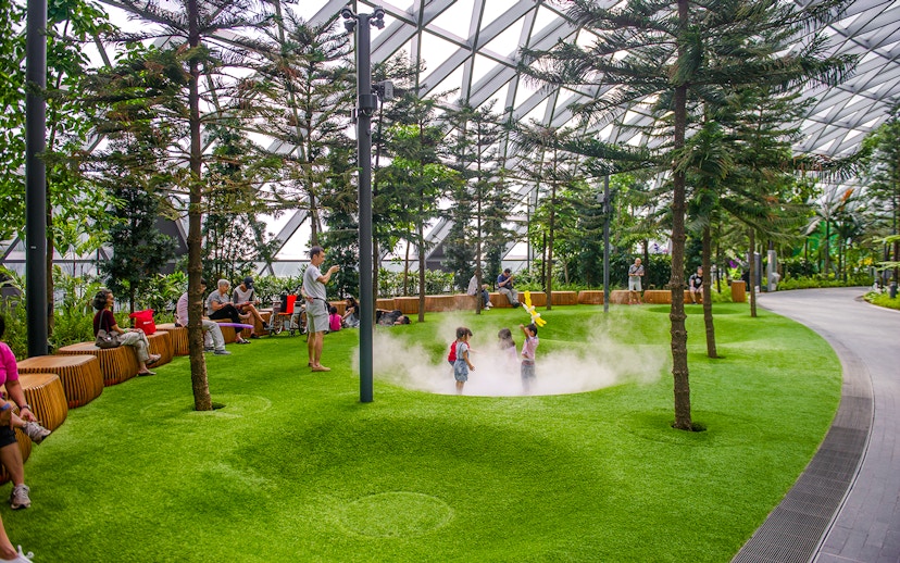 Children playing in Foggy Bowls at Canopy Park, Jewel Changi.