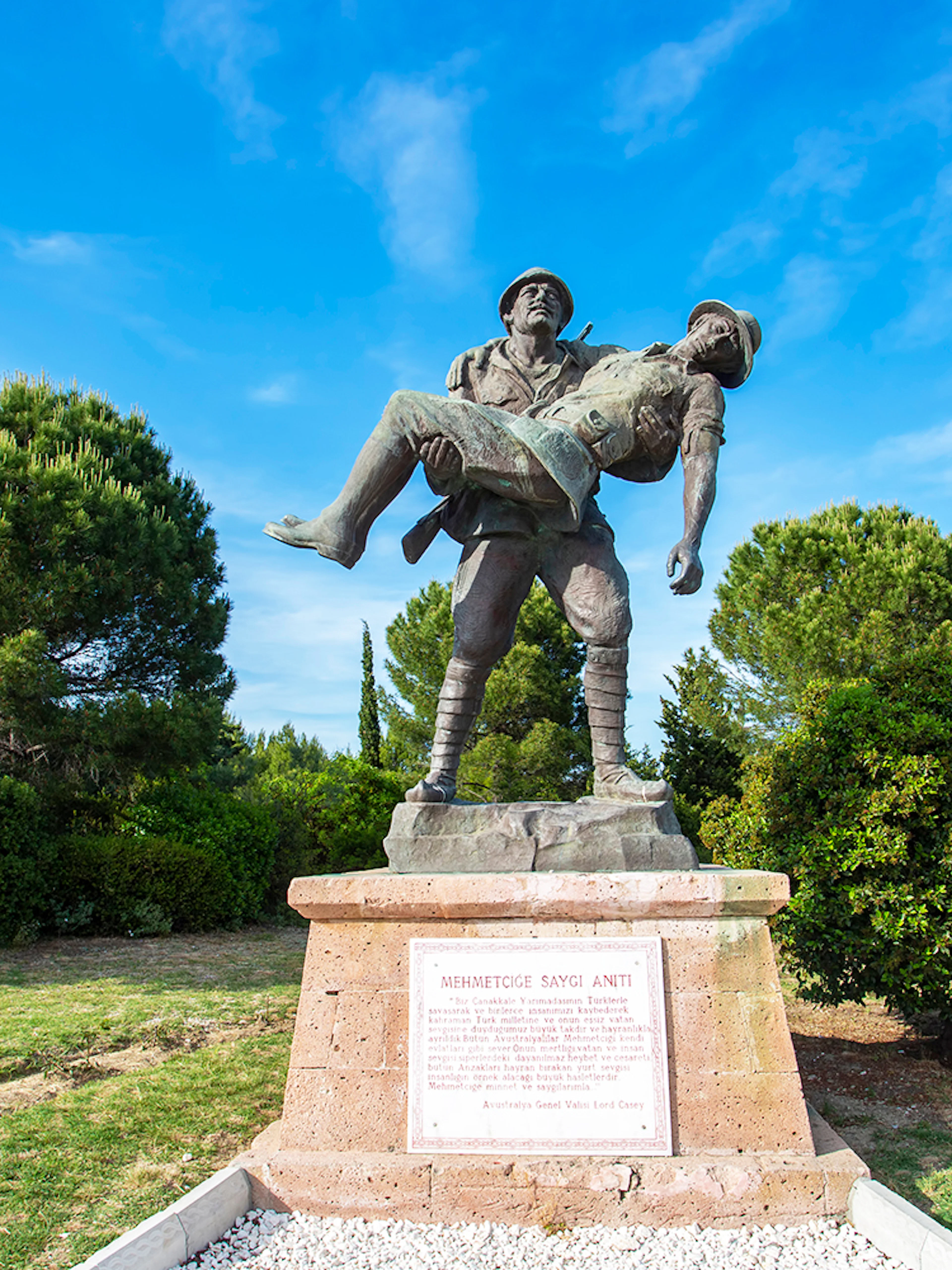 Statue of a soldier carrying a comrade at Gallipoli Peninsula, Turkey, on a day tour from Istanbul.