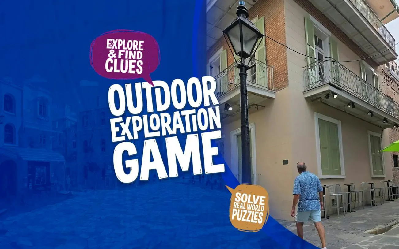 Outdoor exploration game in New Orleans with clues and puzzles, featuring a historic street scene.