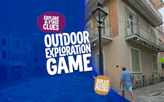 Outdoor exploration game in New Orleans with clues and puzzles, featuring a historic street scene.