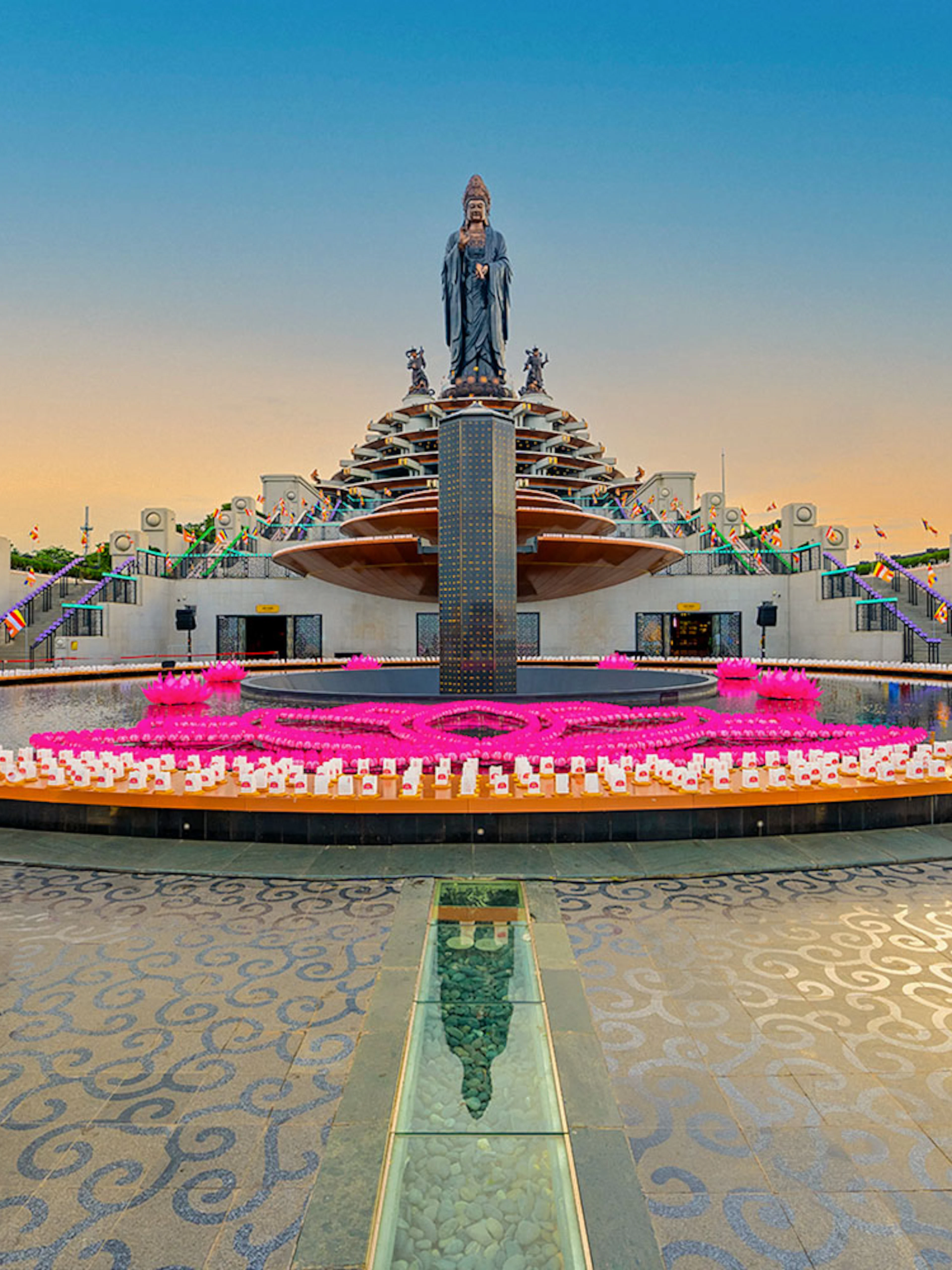 Tay Bo Da Son statue with surrounding fountain in Ba Den mountains, Tay Ninh, Vietnam.