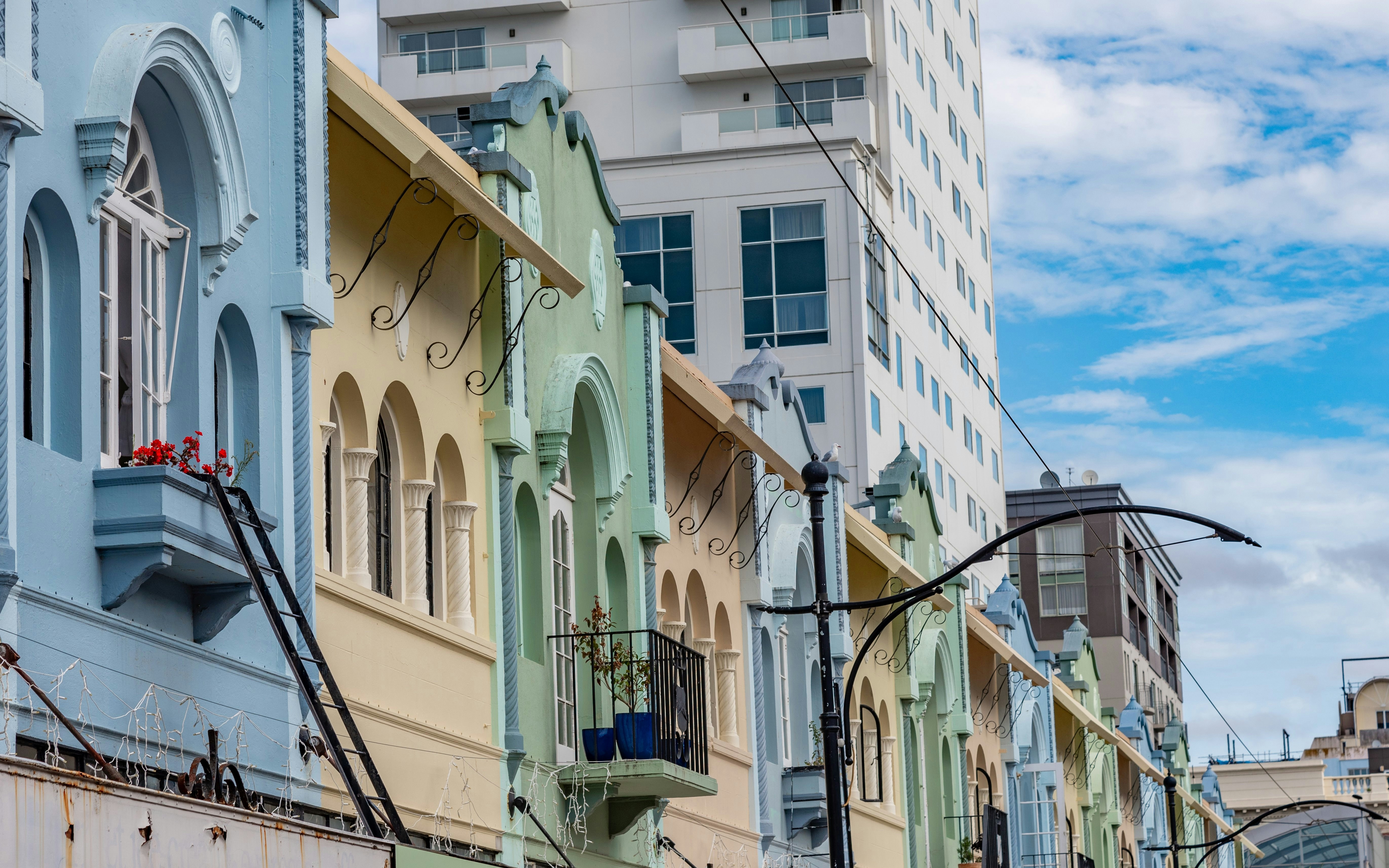 Colorful facades of New Regent Street in Christchurch, New Zealand.