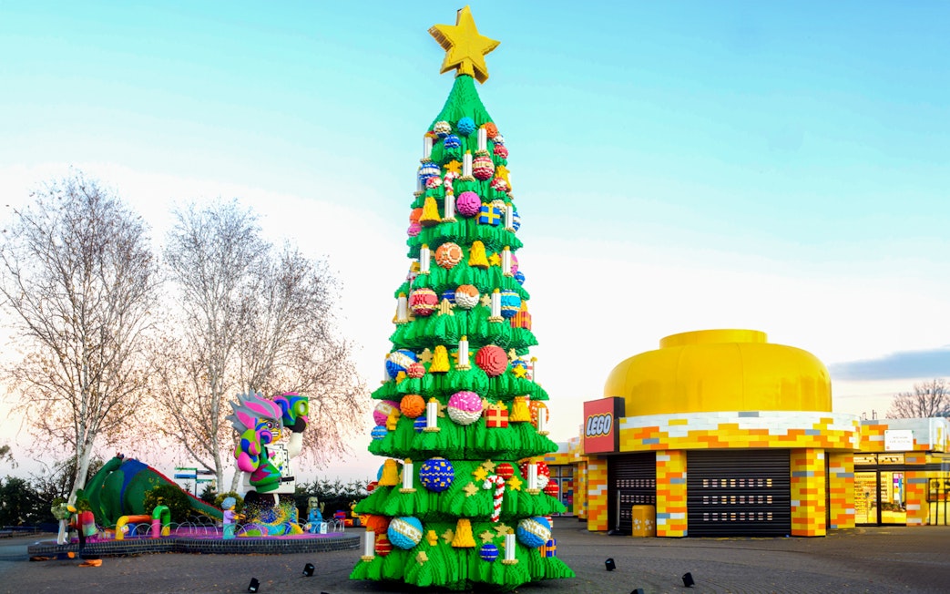 Lego Christmas tree at Legoland London with colorful decorations and a star on top.