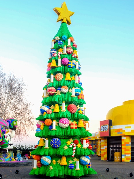 Lego Christmas tree at Legoland London with colorful decorations and a star on top.