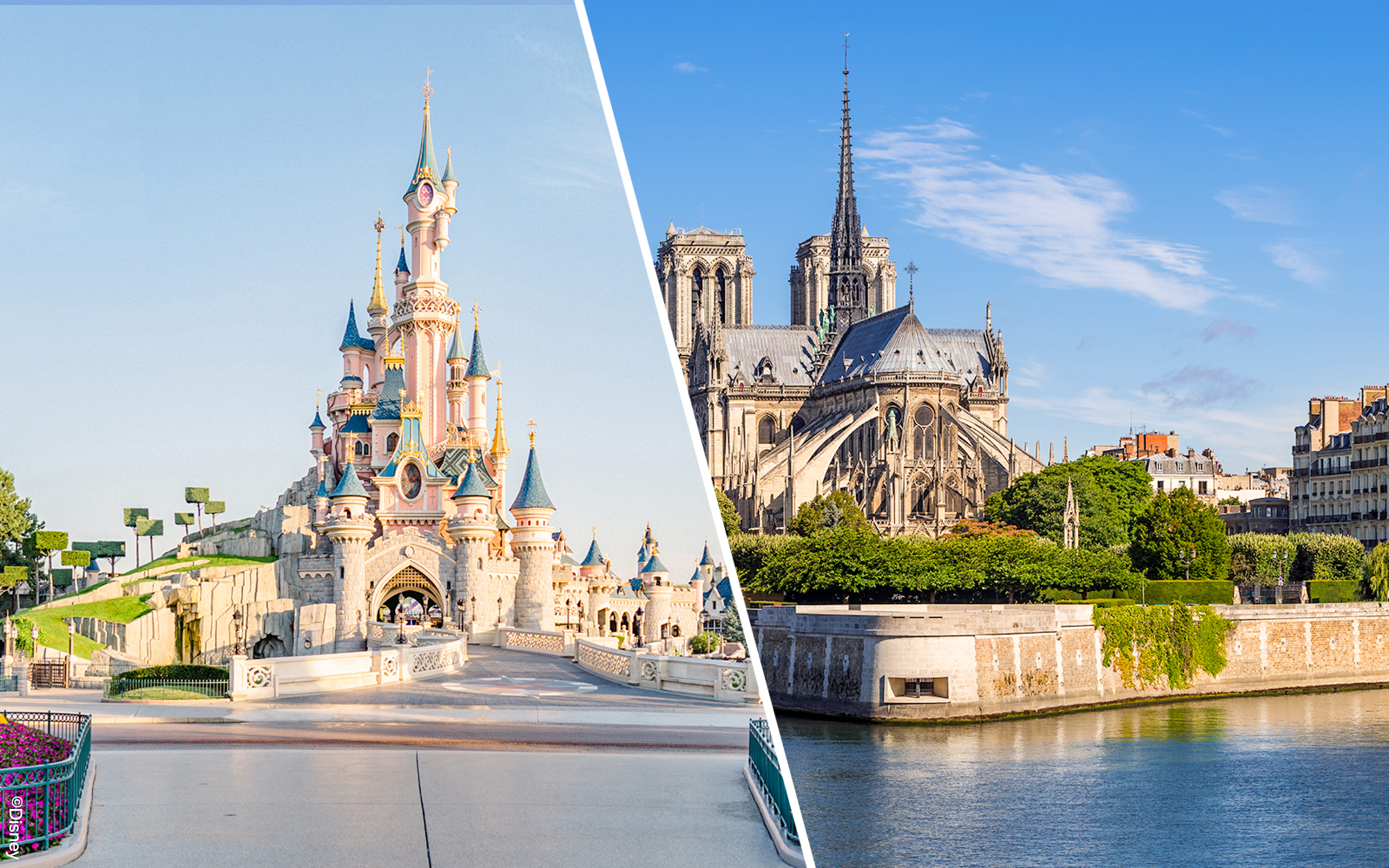 Notre Dame Cathedral and Disneyland Paris castle side by side.