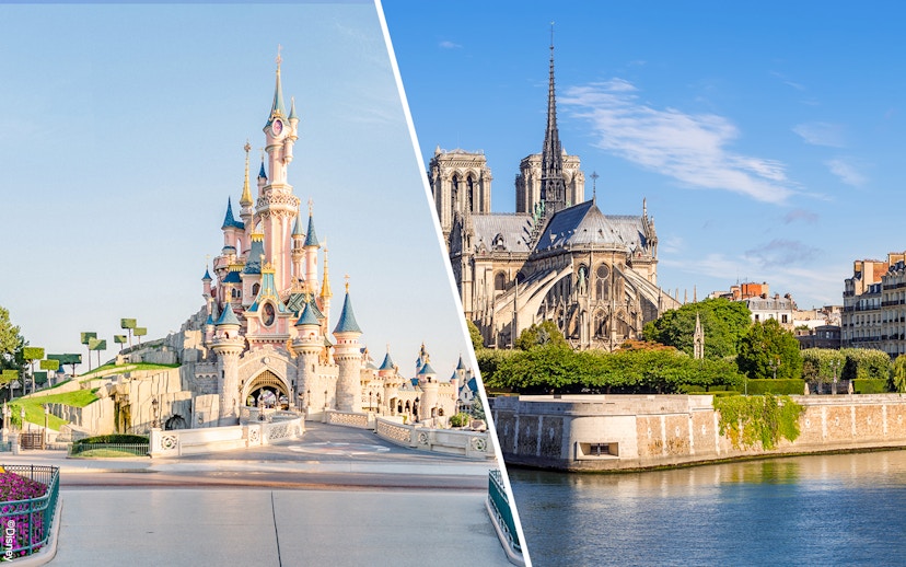 Notre Dame Cathedral and Disneyland Paris castle side by side.