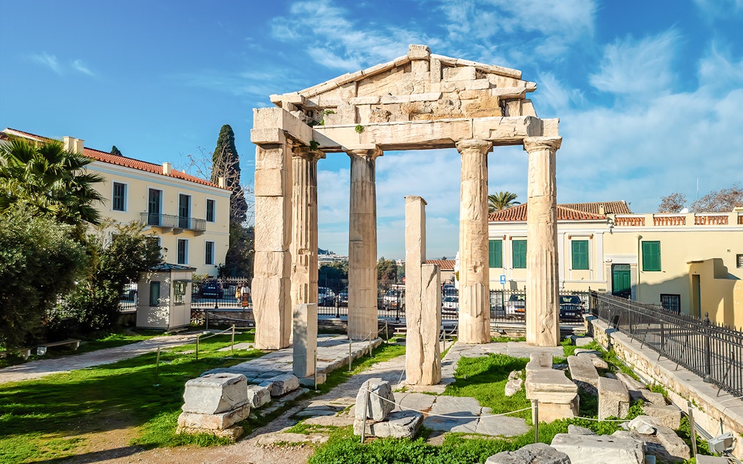 Gate of Athena Archegetis with ancient columns in Athens, Greece.