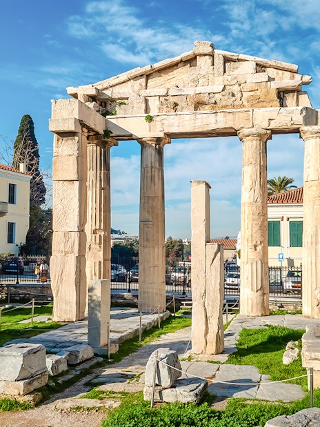 Gate of Athena Archegetis with ancient columns in Athens, Greece.