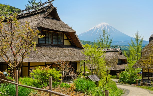 Traditional thatched-roof houses in a lush Japanese village with Mount Fuji in the background.