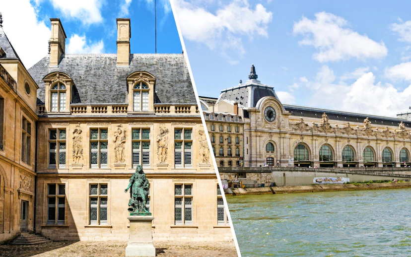Main courtyard of Hôtel Carnavalet with statue, Paris.
