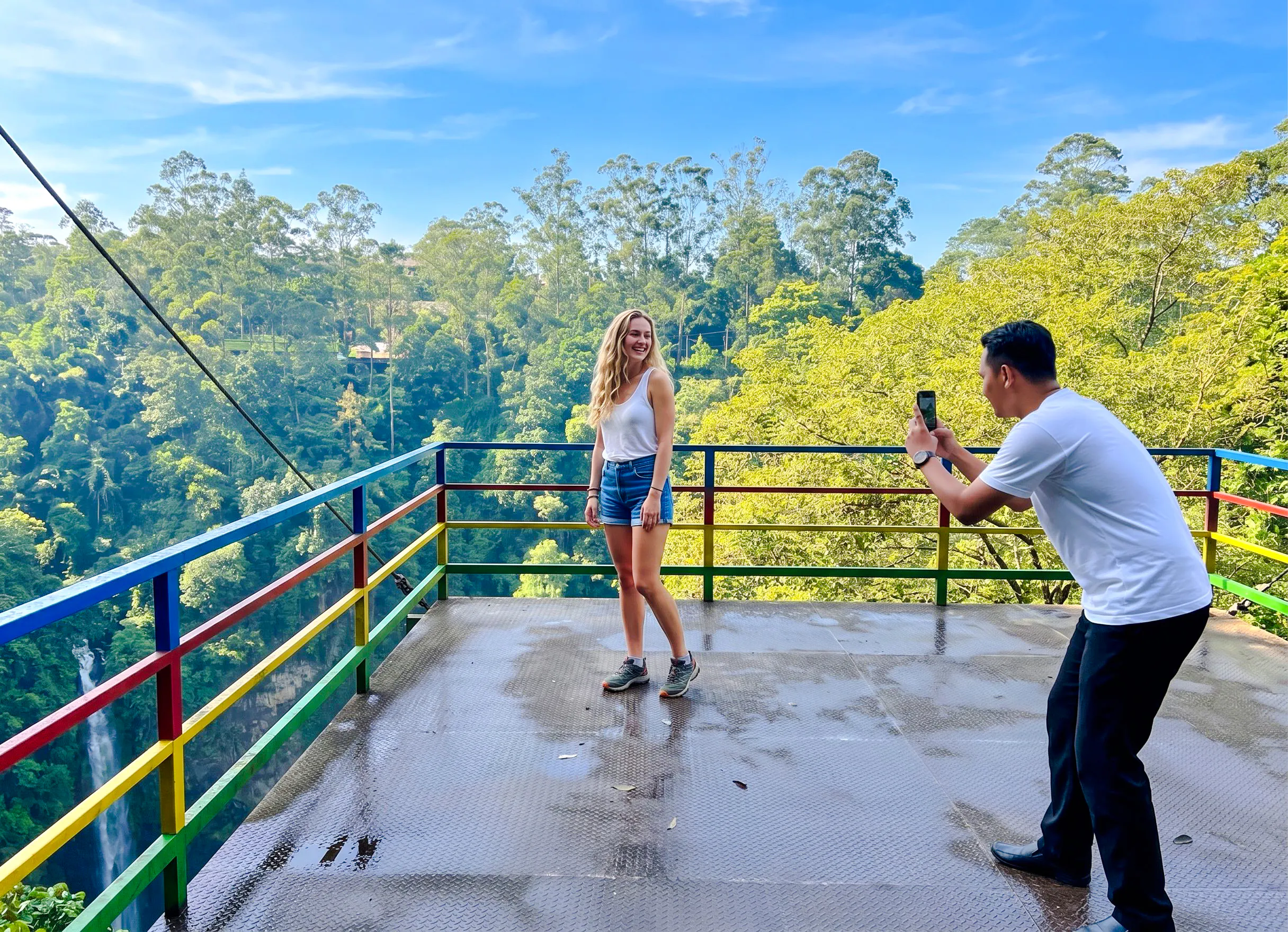 Person posing on a colorful viewing platform at Curug Cimahi, Bandung, with lush forest backdrop.