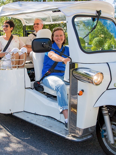 Tuk Tuk tour with passengers exploring Valencia's scenic streets.