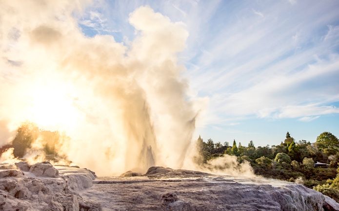 Geyser erupting at Te Puia geothermal park, Rotorua, New Zealand.