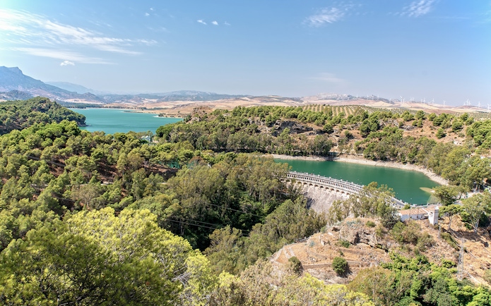 Caminito del Rey landscape with reservoir and surrounding hills, Andalusia, Spain.