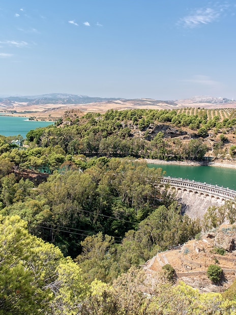 Caminito del Rey landscape with reservoir and surrounding hills, Andalusia, Spain.