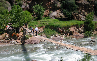 People crossing a wooden bridge over a river in a lush, rocky landscape.