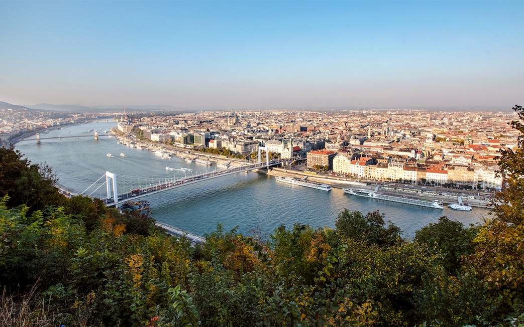 Erzsébet Bridge view from Gellért Hill on Grand City Tour with Parliament visit in Budapest.