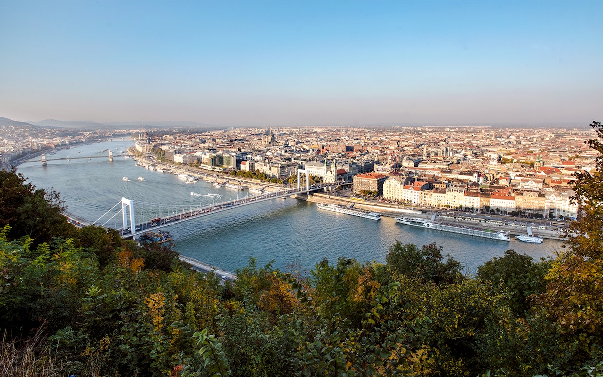 Erzsébet Bridge view from Gellért Hill on Grand City Tour with Parliament visit in Budapest.