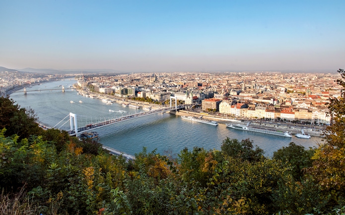 Erzsébet Bridge view from Gellért Hill on Grand City Tour with Parliament visit in Budapest.