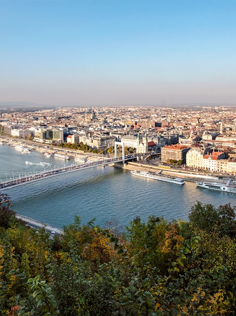 Erzsébet Bridge view from Gellért Hill on Grand City Tour with Parliament visit in Budapest.