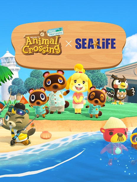 Animal Crossing characters enjoying a beach scene with Sea Life collaboration.