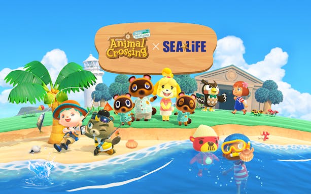 Animal Crossing characters enjoying a beach scene with Sea Life collaboration.