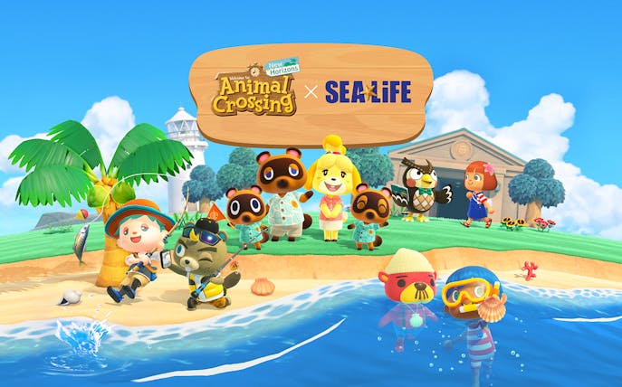 Animal Crossing characters enjoying a beach scene with Sea Life collaboration.