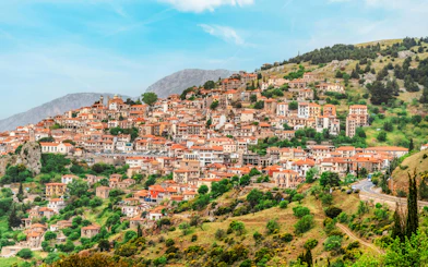 Arachova town view near Parnassus Mountain, Greece, on a private day trip from Athens to Delphi.