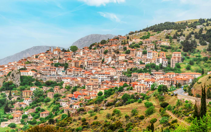 Arachova town view near Parnassus Mountain, Greece, on a private day trip from Athens to Delphi.